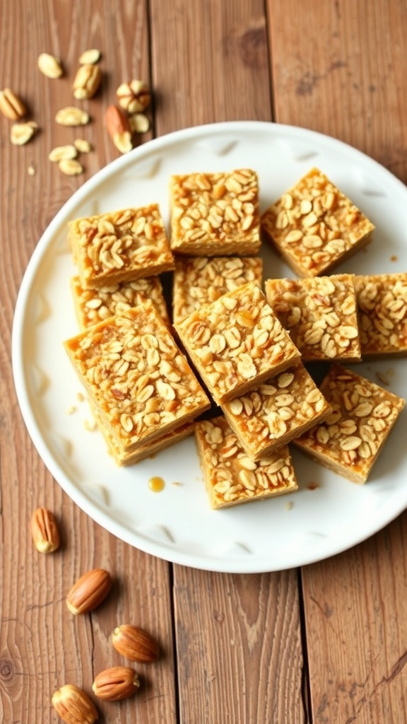 Chewy Oat Honey Bars Recipe Chewy oat honey bars cut into squares, garnished with oats and honey, on a wooden table with nuts and dried fruits.